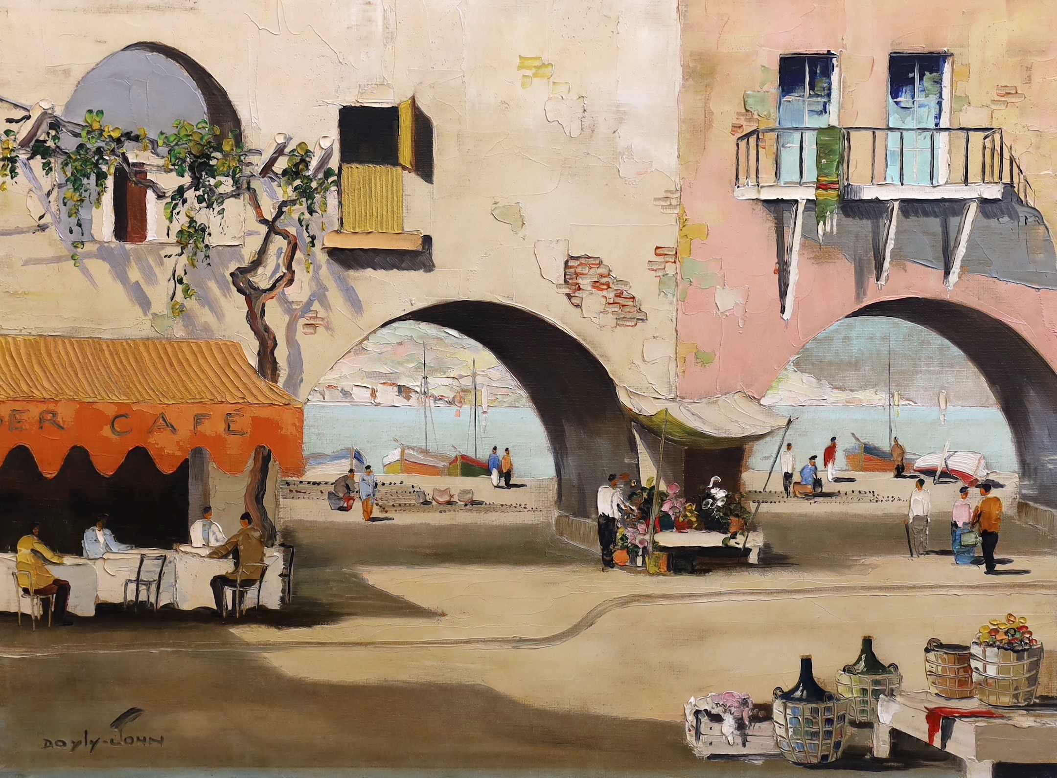 Cecil Rochfort D'Oyly-John (British, 1906-1993), Café in arches, South of France, oil on canvas, 43 x 58cm